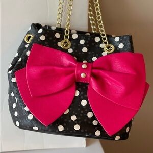 Betsey Johnson Handbag Black White Polkadot Pink Bow Hopeless Romantic Purse Bag
